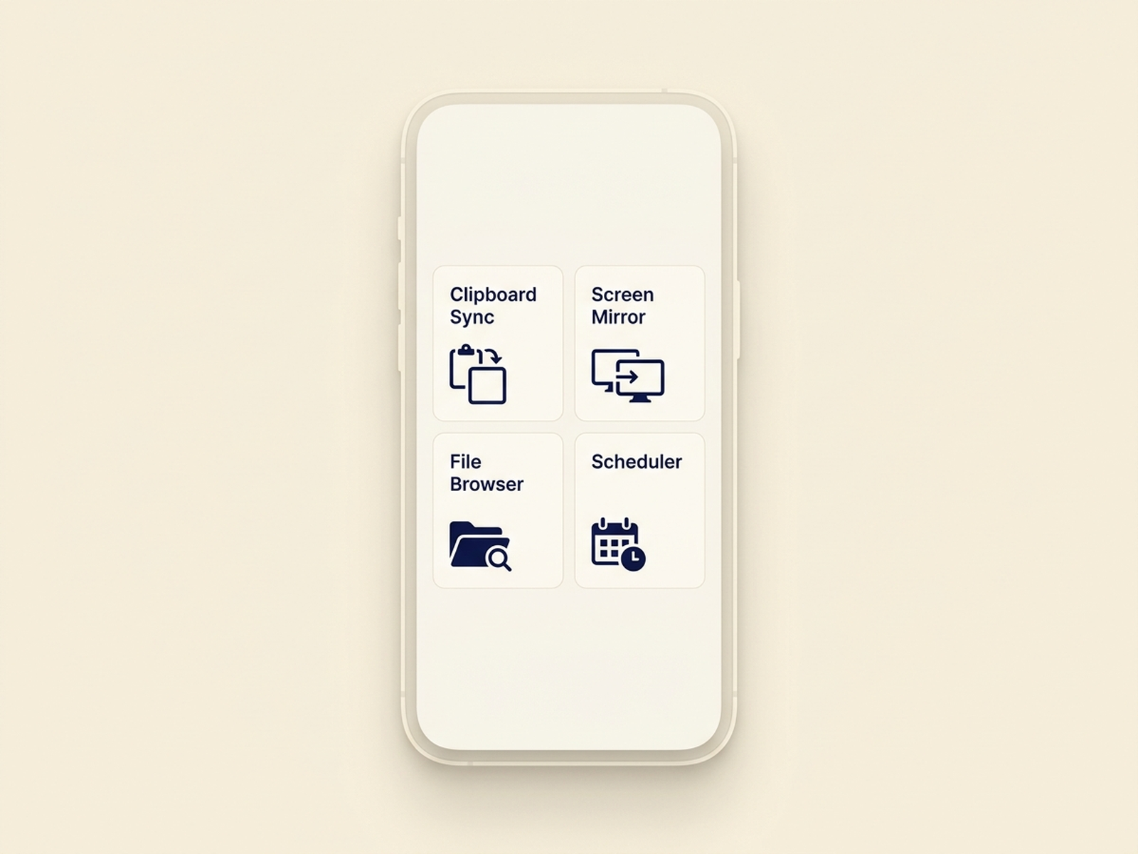 AutoPrise AI mobile Control Centre on a phone screen with a tile grid: Clipboard Sync, Screen Mirror, File Browser, and Scheduler.