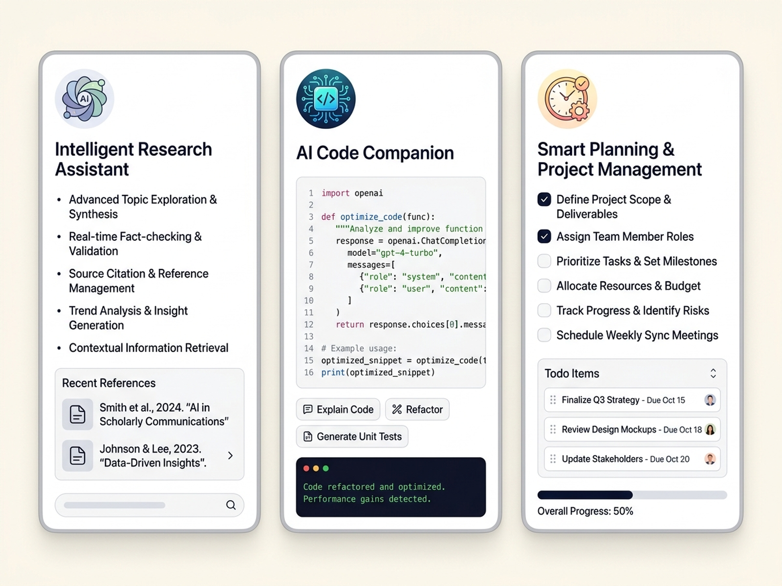 Three AutoPrise AI chat panes side by side: a research assistant with citations, a code companion with a code editor, and a planning assistant with a checklist.