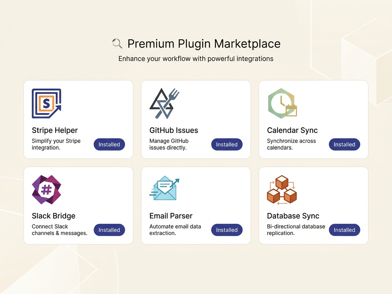 AutoPrise AI plugins gallery showing a grid of plugin cards with icons, names, descriptions, and install pills.