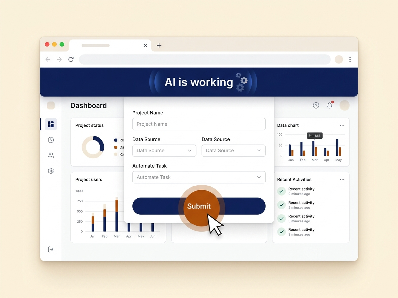 A browser window with AutoPrise AI driving the page: a cursor click ring on a button, a form field being filled, and an indicator that the AI is at work.