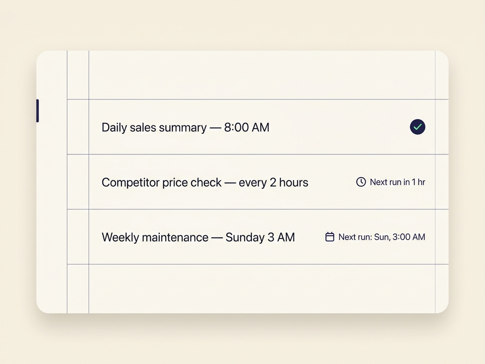 AutoPrise AI scheduler view listing recurring tasks: a daily sales summary at 8am, competitor price checks every two hours, and weekly maintenance on Sunday at 3am.