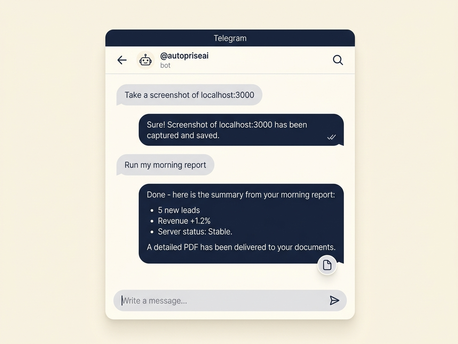 A Telegram conversation with the AutoPrise AI bot showing remote-command messages and bot responses.